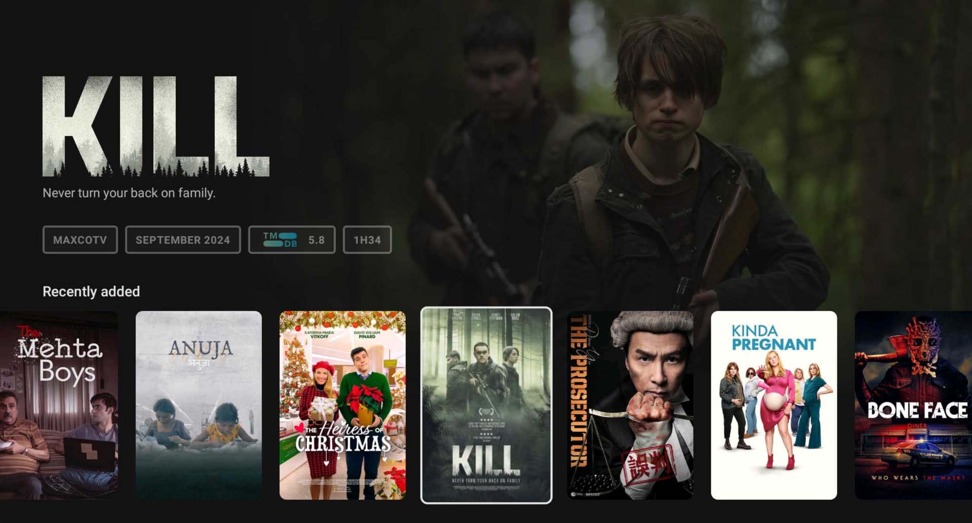 IPTV Movies and Series interface showing recently added content including popular films and TV shows with HD quality streaming